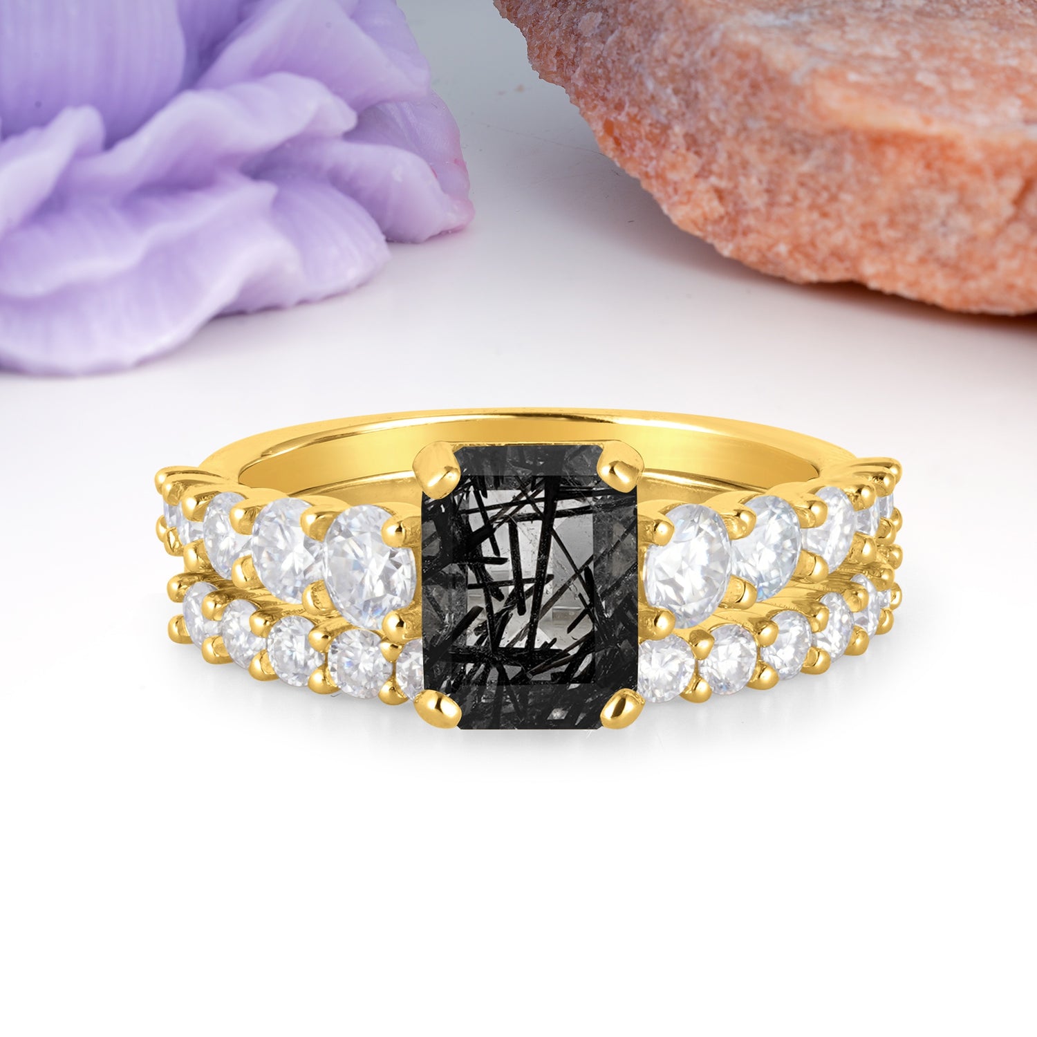 Grand Prong?Held Emerald Cut Black Rutilated Quartz Bridal Ring Set - Additional view