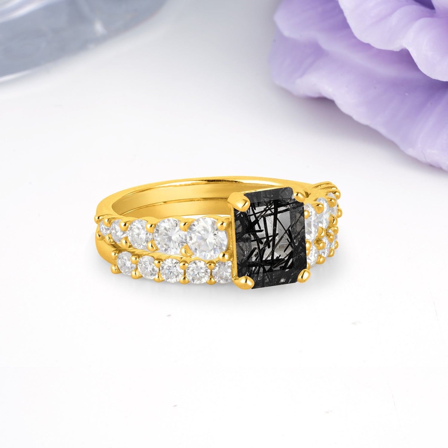 Grand Prong?Held Emerald Cut Black Rutilated Quartz Bridal Ring Set - Additional view