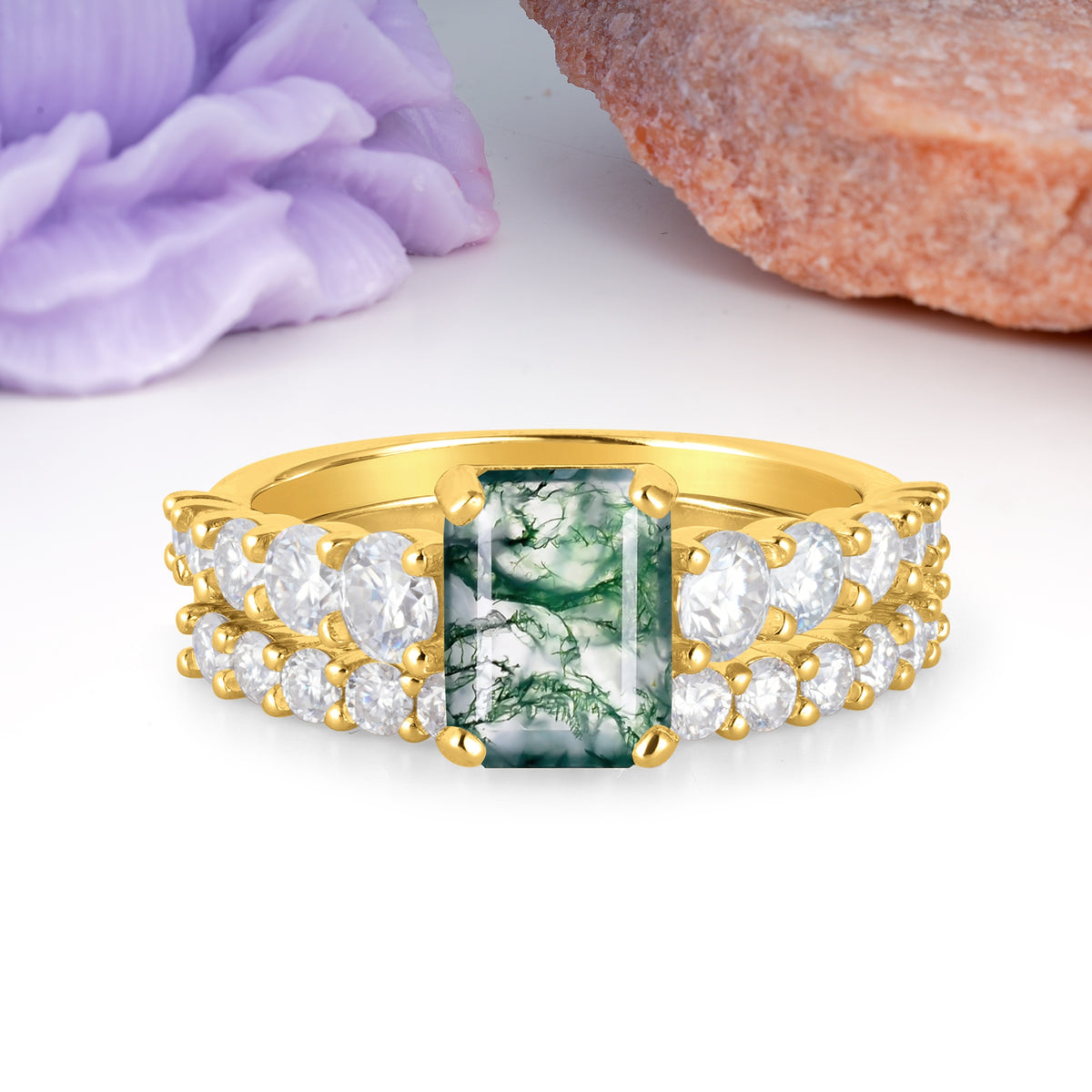 Grand Prong?Held Emerald Cut Moss Agate Bridal Ring Set - Additional view