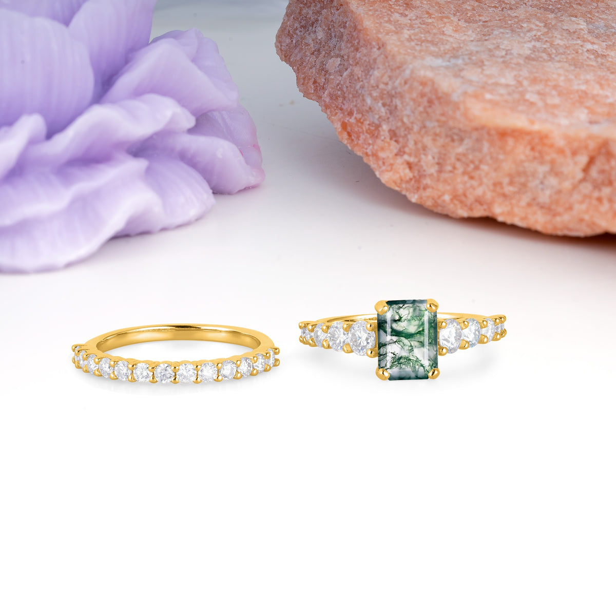 Grand Prong?Held Emerald Cut Moss Agate Bridal Ring Set - Additional view