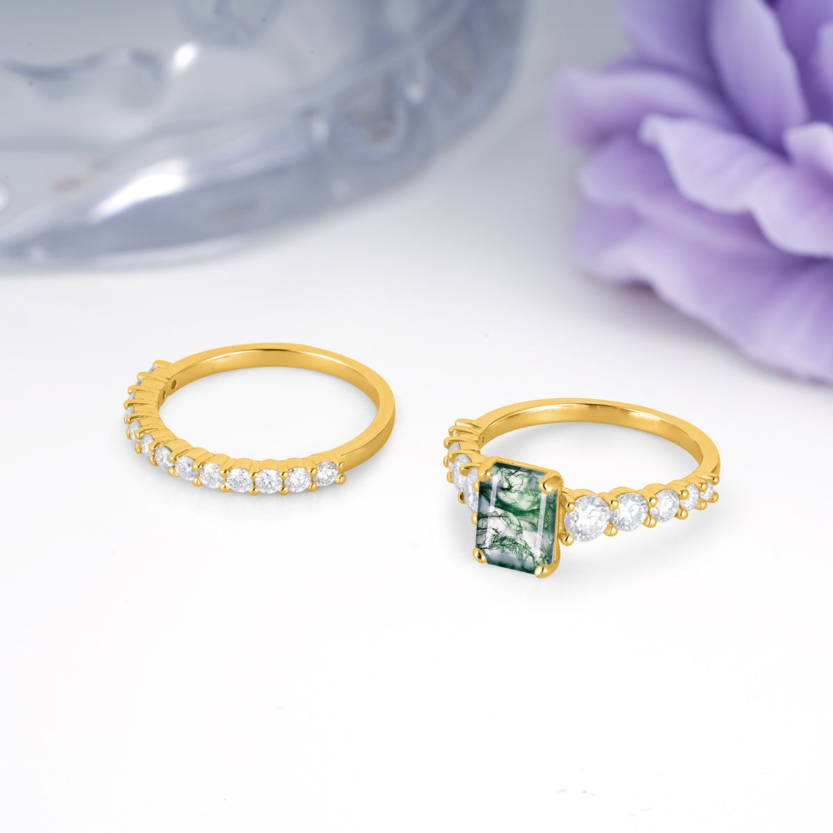 Grand Prong?Held Emerald Cut Moss Agate Bridal Ring Set - Additional view