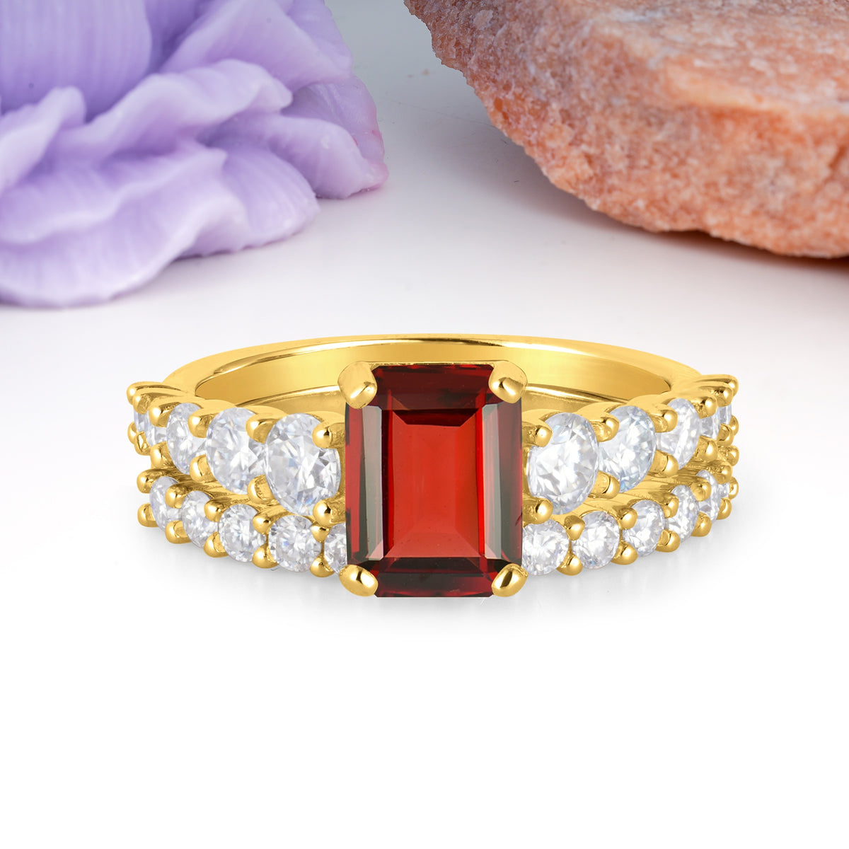 Grand Prong?Held Emerald Cut Garnet Bridal Ring Set - Additional view