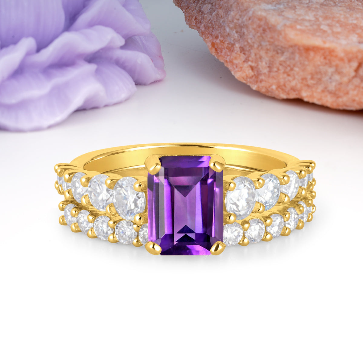 Grand Prong?Held Emerald Cut Amethyst Bridal Ring Set - Additional view