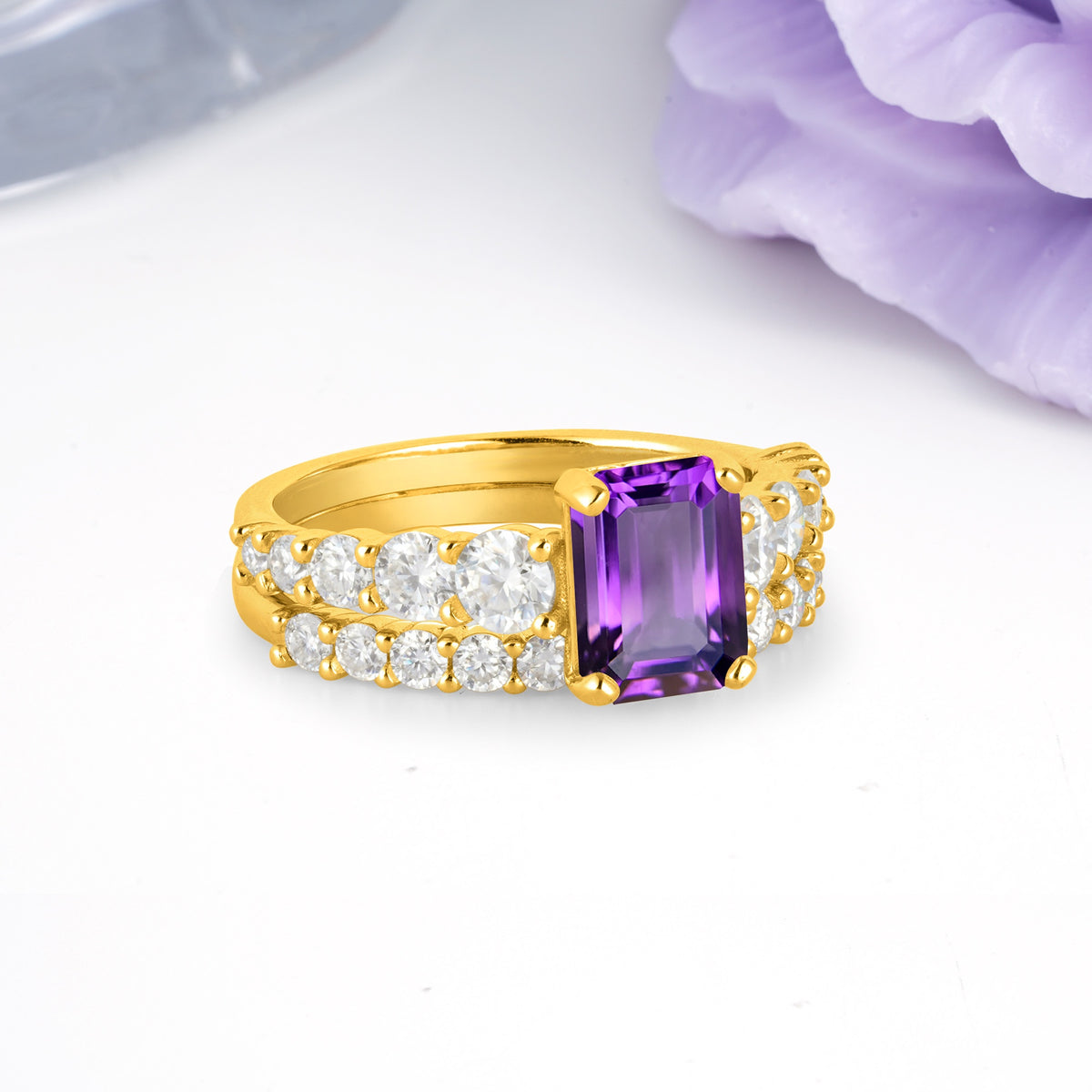 Grand Prong?Held Emerald Cut Amethyst Bridal Ring Set - Additional view
