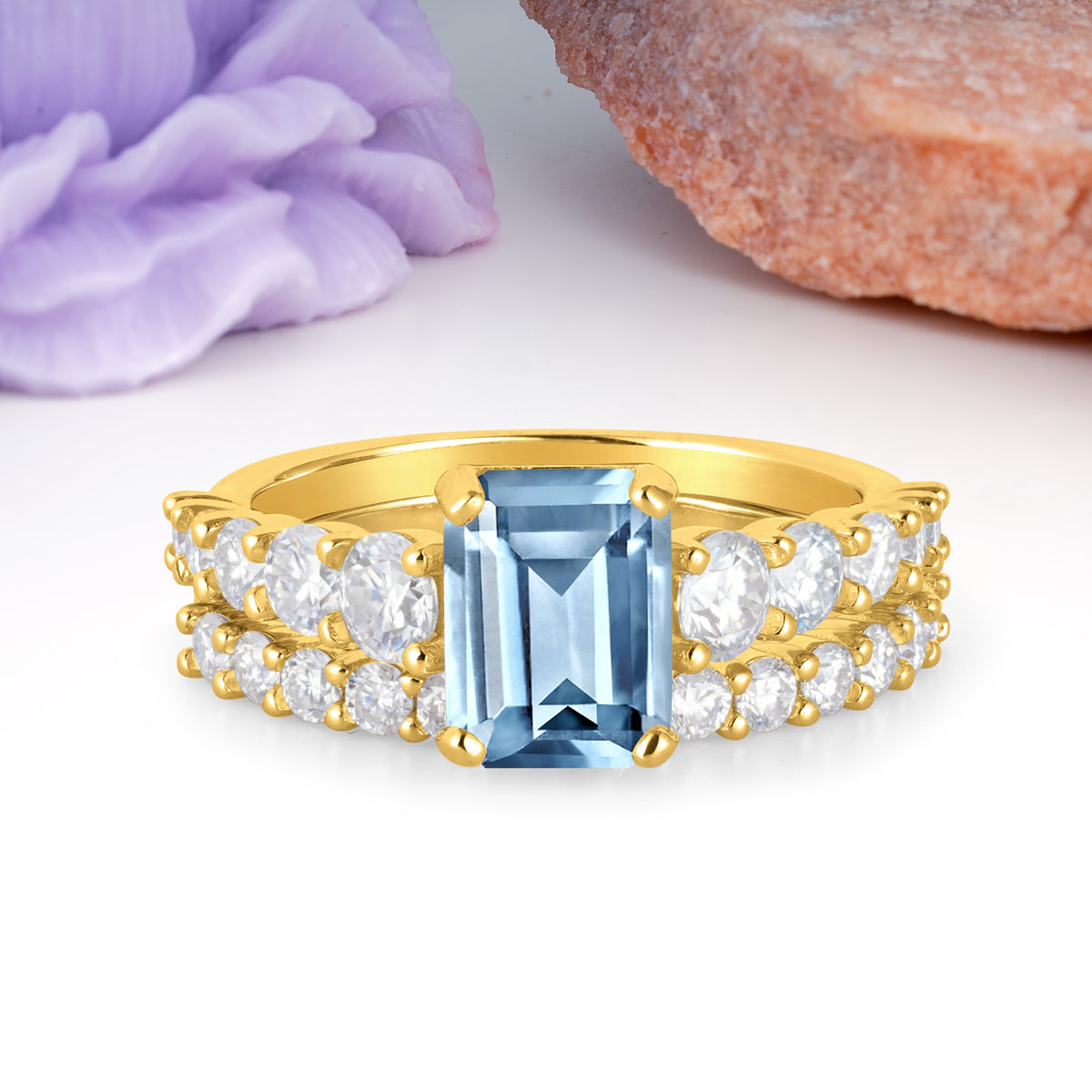 Grand Prong?Held Emerald Cut Aquamarine Bridal Ring Set - Additional view