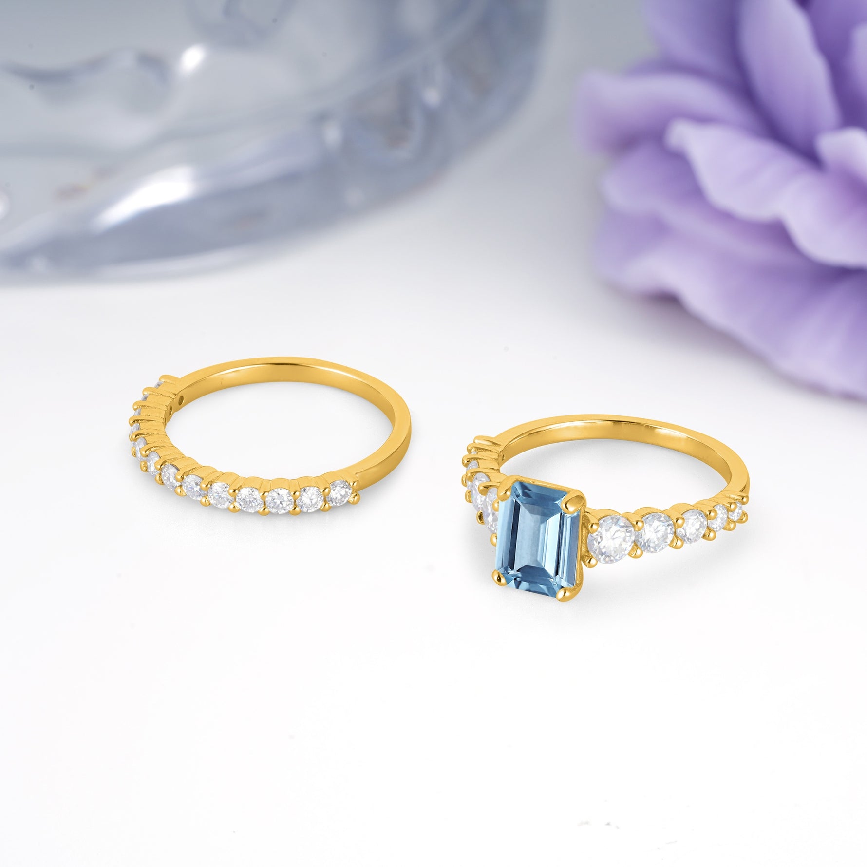 Grand Prong?Held Emerald Cut Aquamarine Bridal Ring Set - Additional view