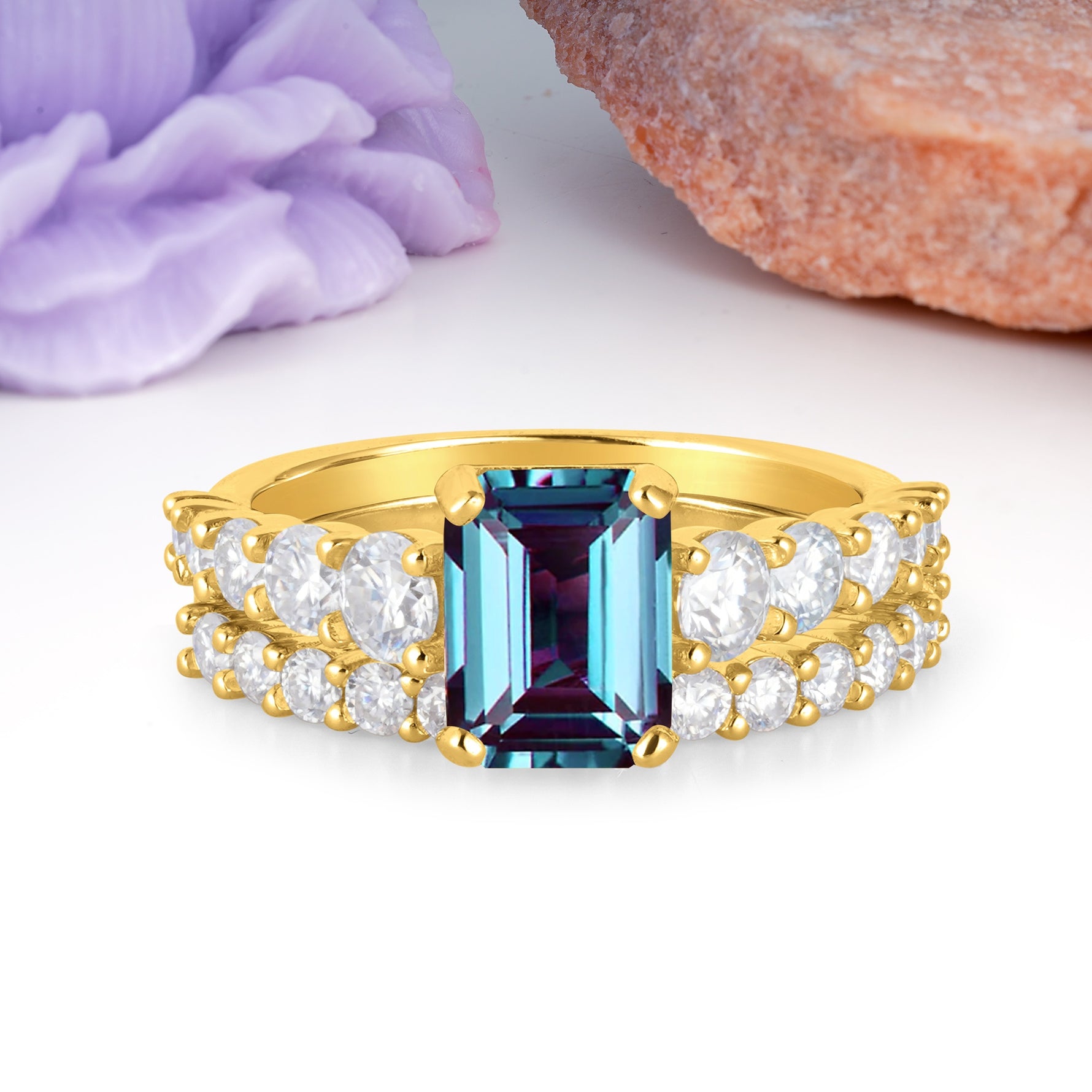Grand Prong?Held Emerald Cut Alexandrite Bridal Ring Set - Additional view