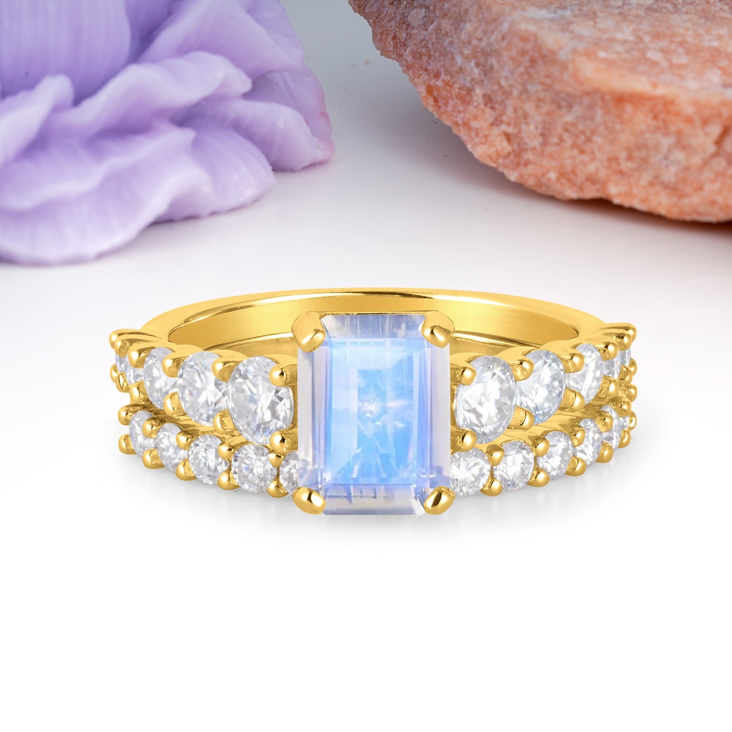 Grand Prong?Held Emerald Cut Moonstone Bridal Ring Set - Additional view