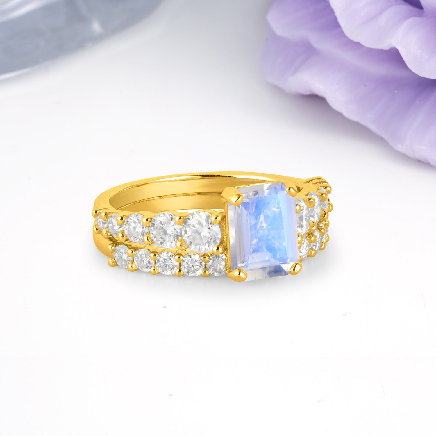 Grand Prong?Held Emerald Cut Moonstone Bridal Ring Set - Additional view
