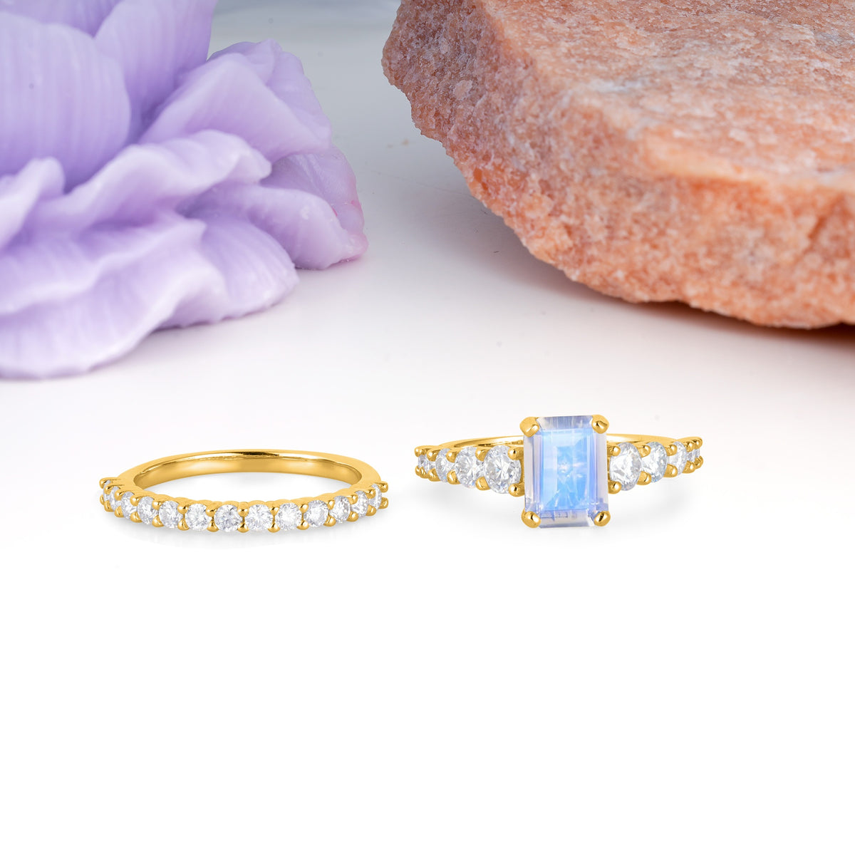 Grand Prong?Held Emerald Cut Moonstone Bridal Ring Set - Additional view