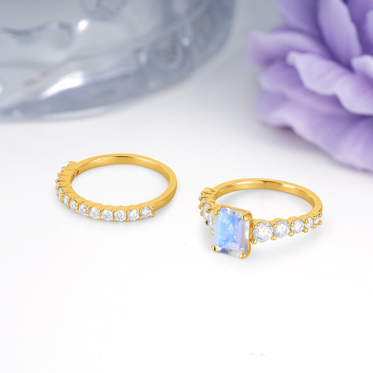 Grand Prong?Held Emerald Cut Moonstone Bridal Ring Set - Additional view