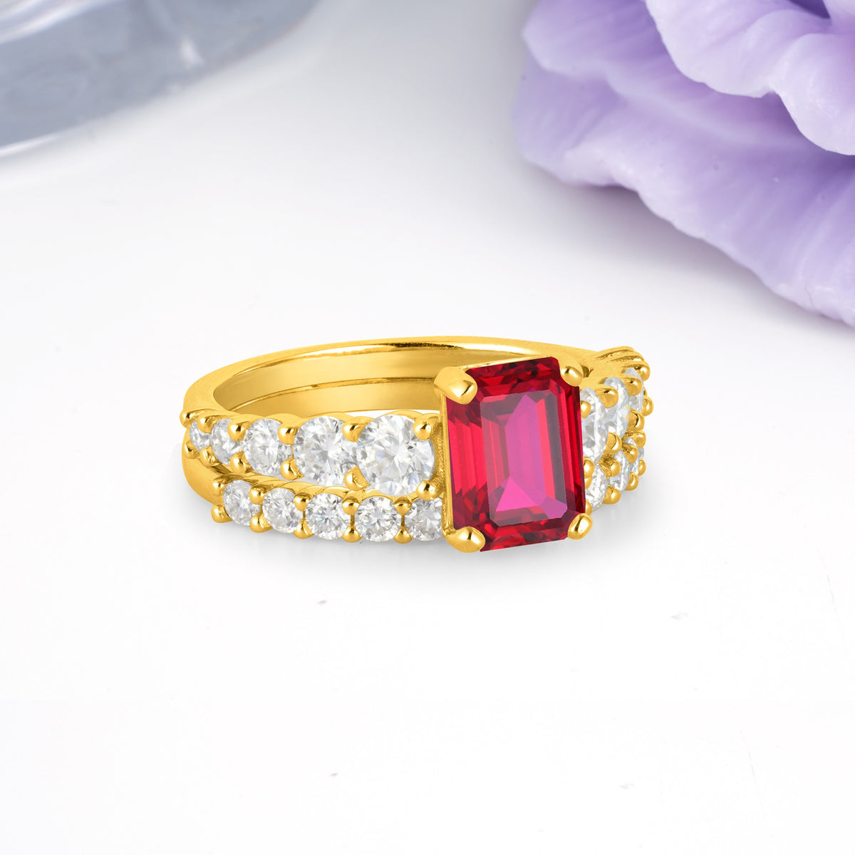 Grand Prong?Held Emerald Cut Ruby Bridal Ring Set - Additional view