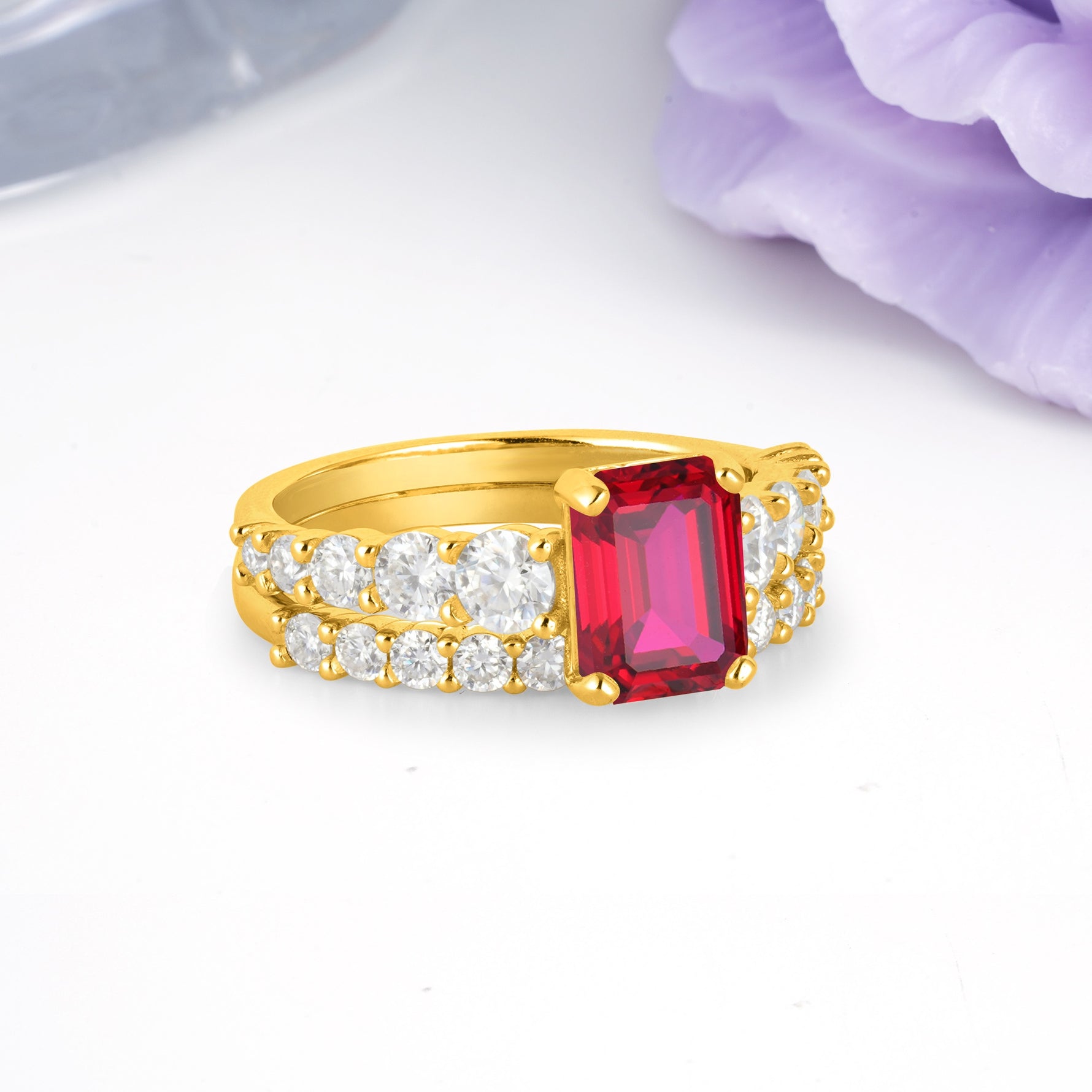 Grand Prong?Held Emerald Cut Ruby Bridal Ring Set - Additional view
