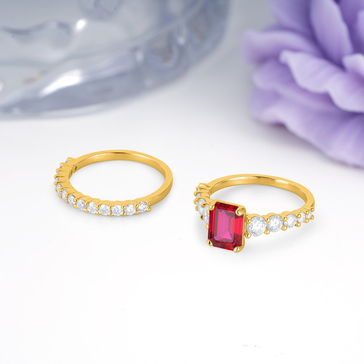 Grand Prong?Held Emerald Cut Ruby Bridal Ring Set - Additional view