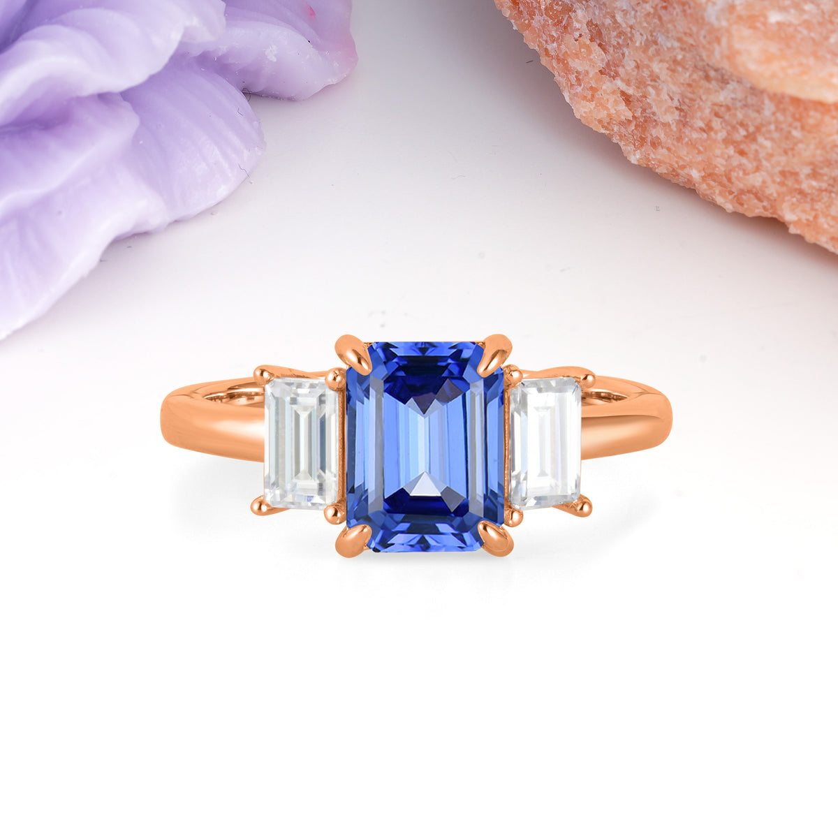 Three‑Stone Emerald Cut Sapphire Prong‑Set Engagement Ring - Additional view