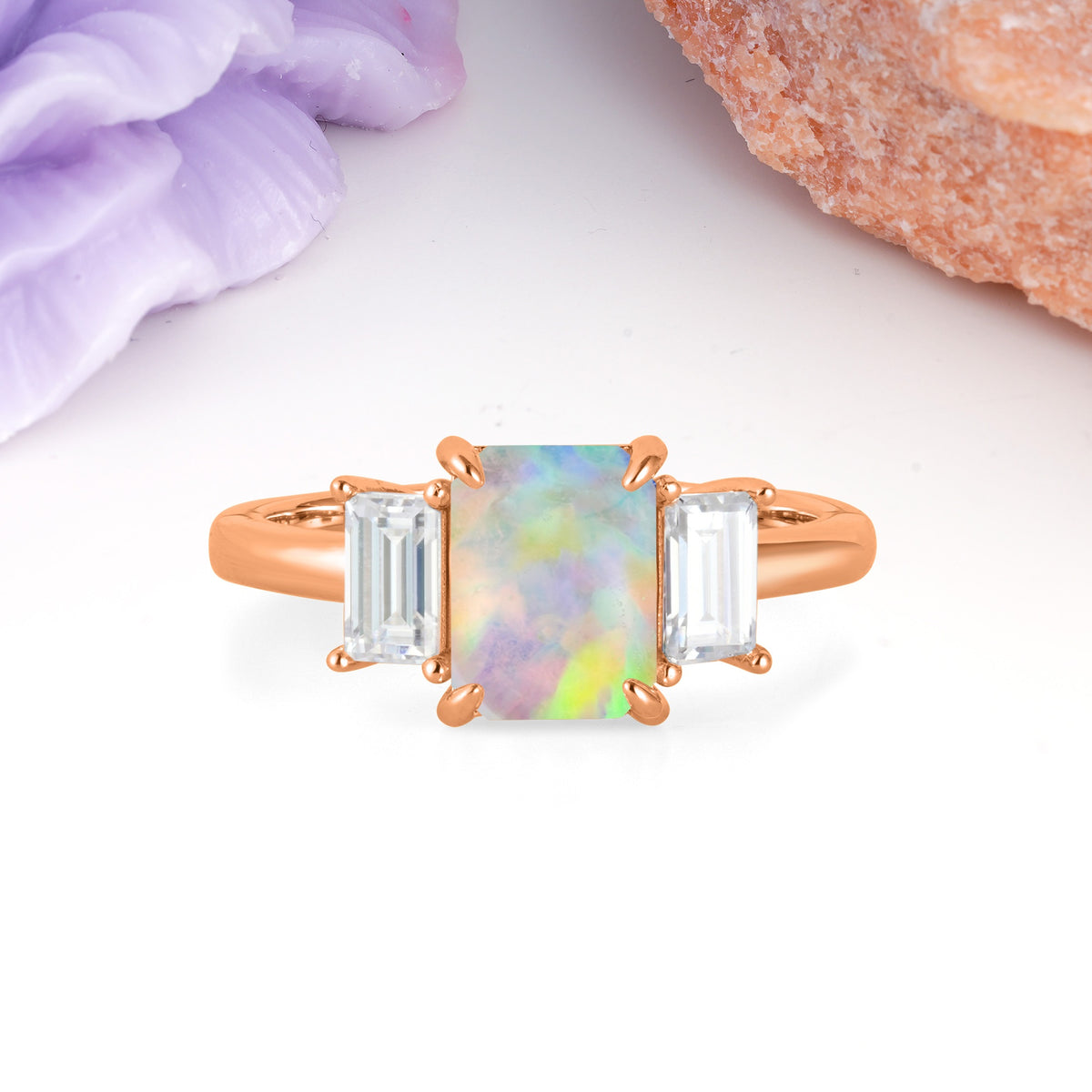 Three‑Stone Emerald Cut Fire Opal Prong‑Set Engagement Ring - Additional view