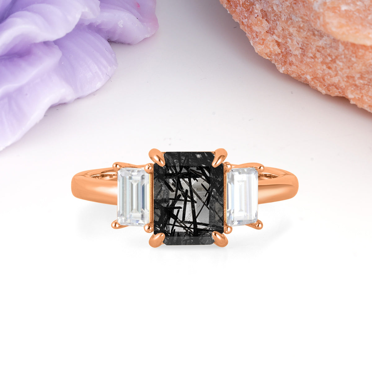 Three‑Stone Emerald Cut Black Rutilated Quartz Prong‑Set Engagement Ring - Additional view