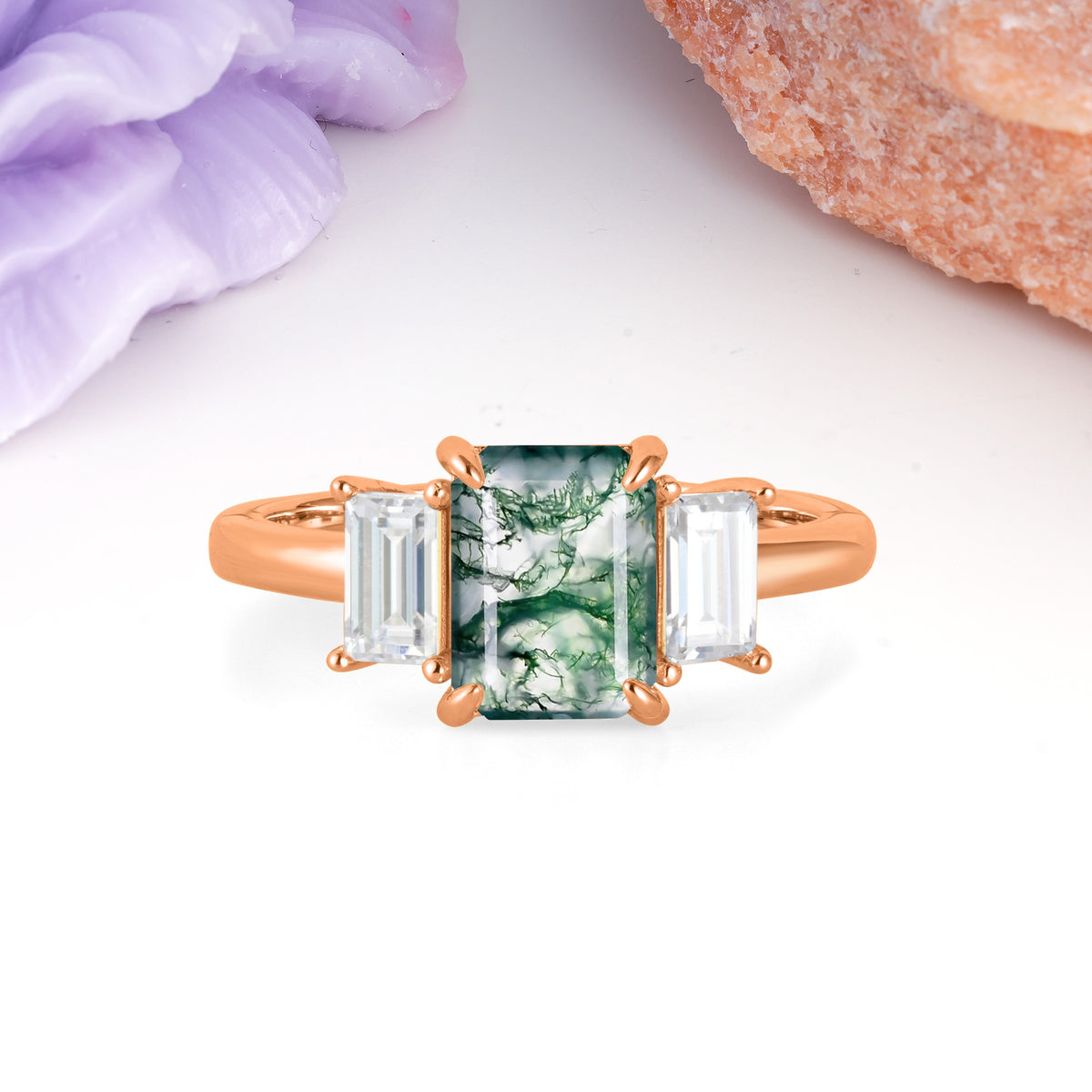 Three‑Stone Emerald Cut Moss Agate Prong‑Set Engagement Ring - Additional view