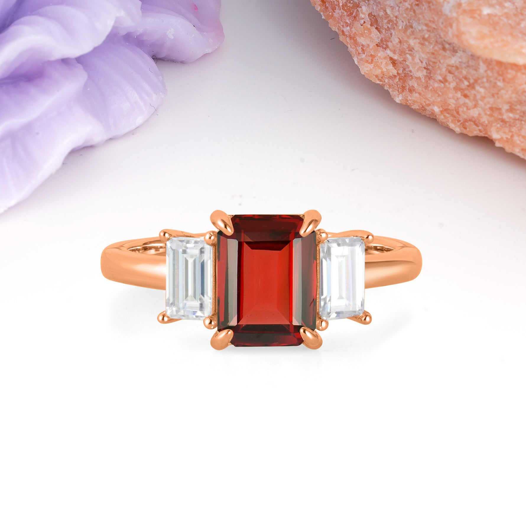 Three‑Stone Emerald Cut Garnet Prong‑Set Engagement Ring - Additional view