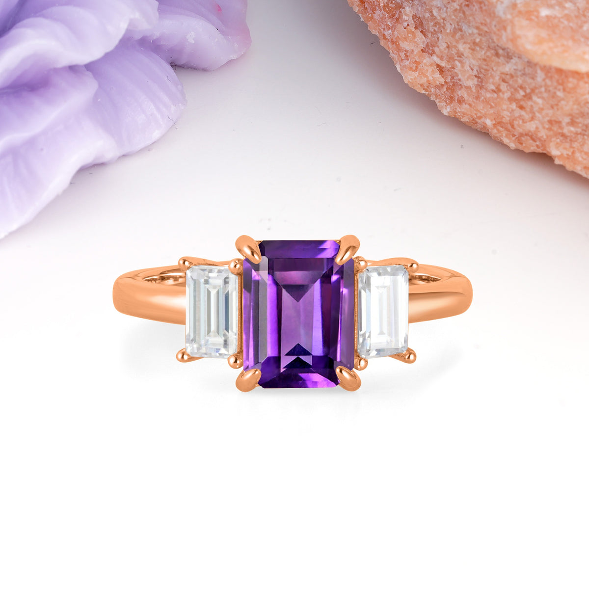 Three‑Stone Emerald Cut Amethyst Prong‑Set Engagement Ring - Additional view