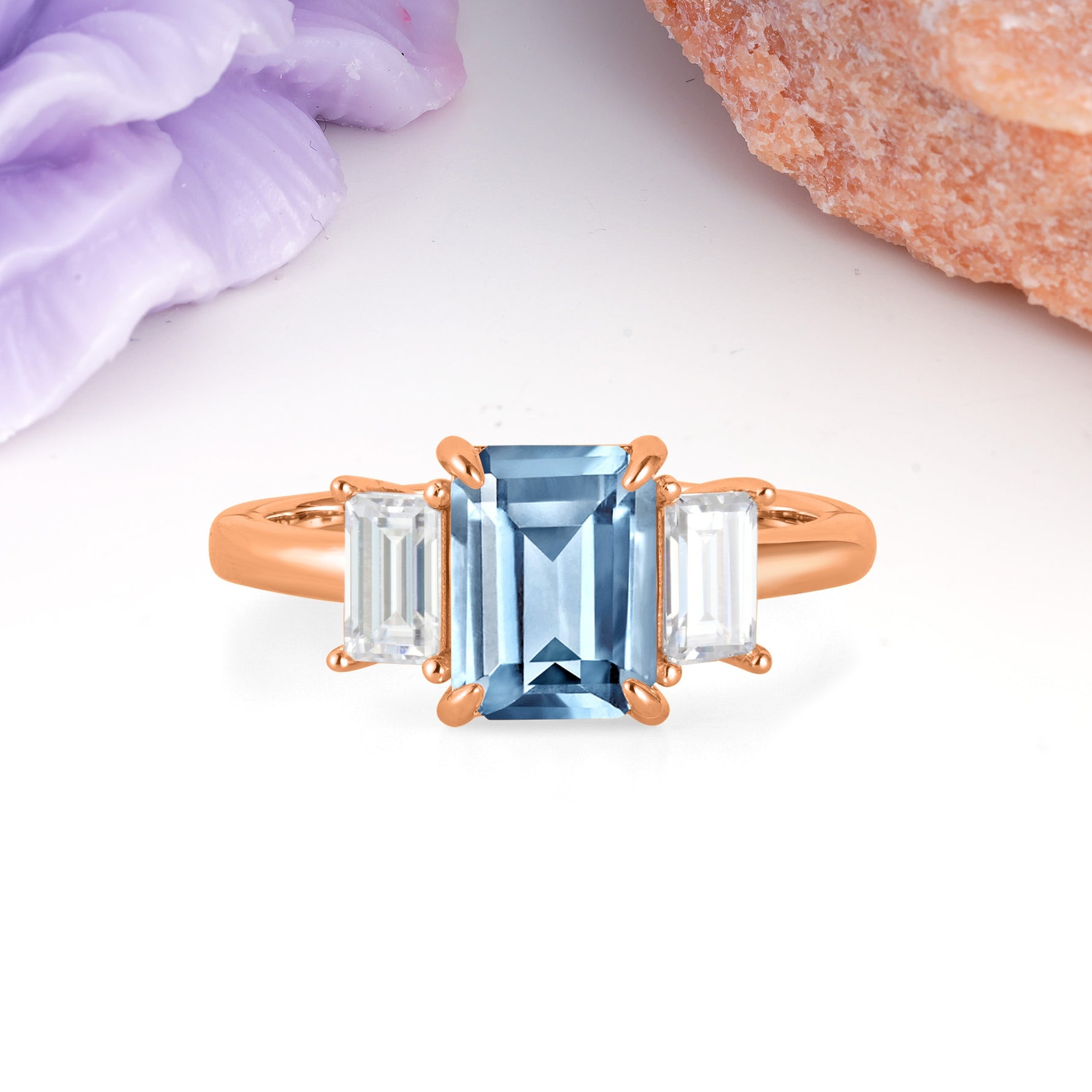 Three‑Stone Emerald Cut Aquamarine Prong‑Set Engagement Ring - Additional view