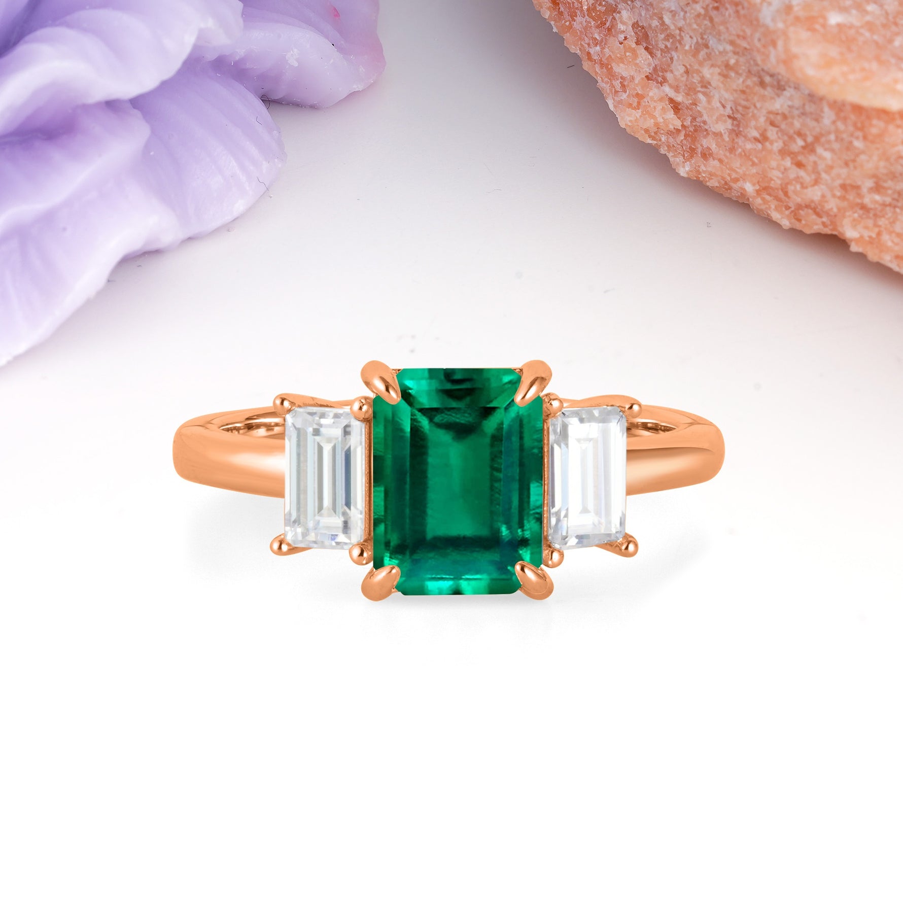 Three‑Stone Emerald Cut Emerald Prong‑Set Engagement Ring - Additional view