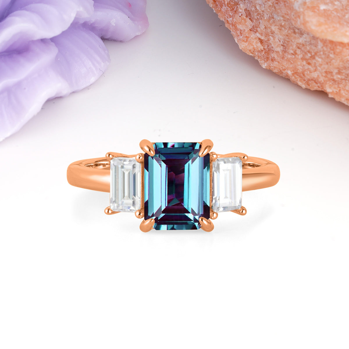 Three‑Stone Emerald Cut Alexandrite Prong‑Set Engagement Ring - Additional view