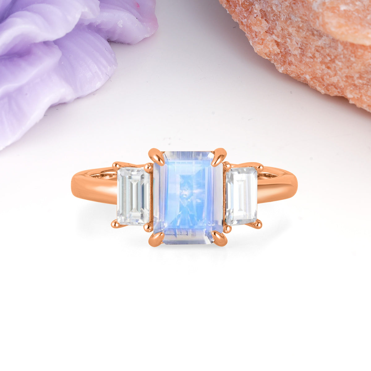 Three‑Stone Emerald Cut Moonstone Prong‑Set Engagement Ring - Additional view