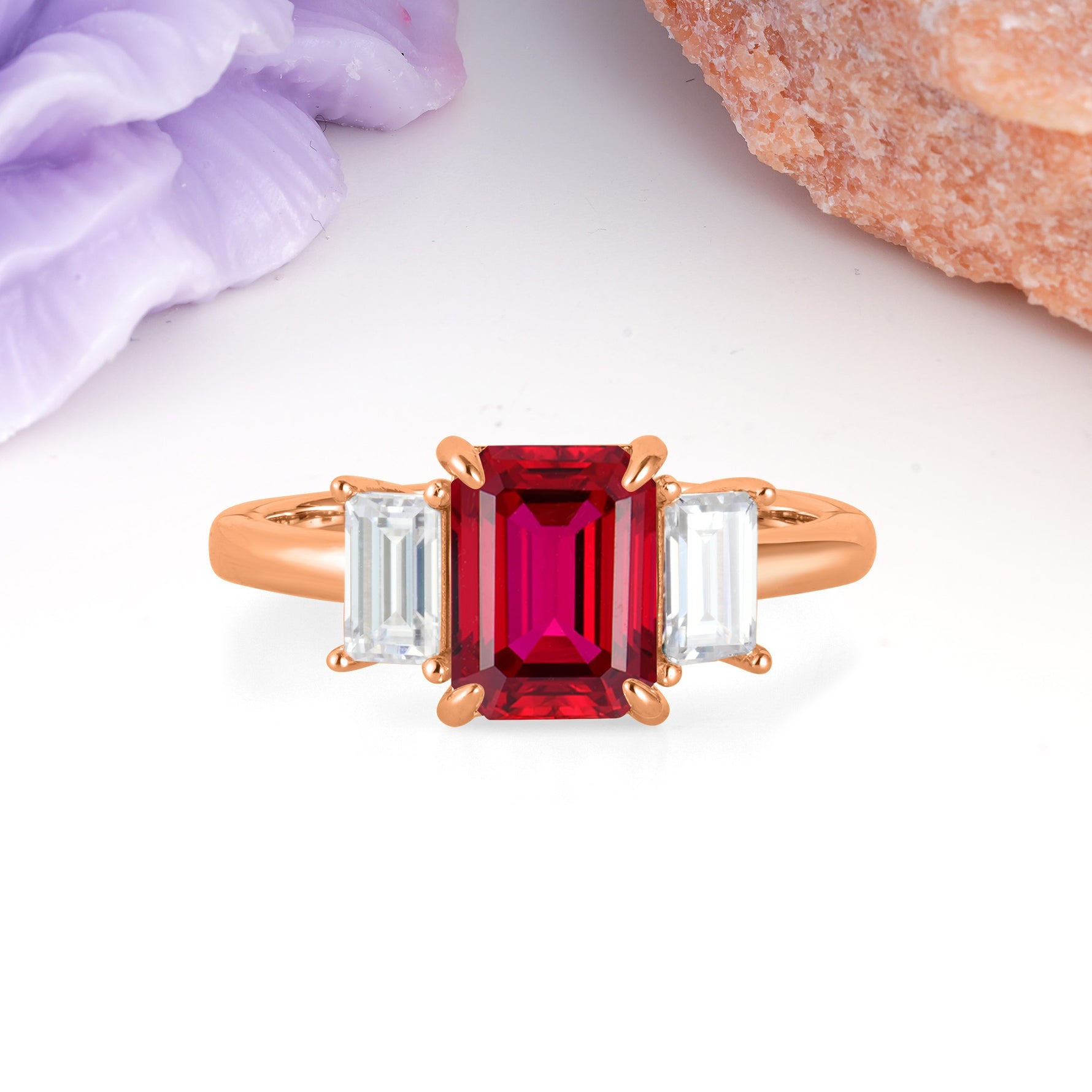 Three‑Stone Emerald Cut Ruby Prong‑Set Engagement Ring - Additional view