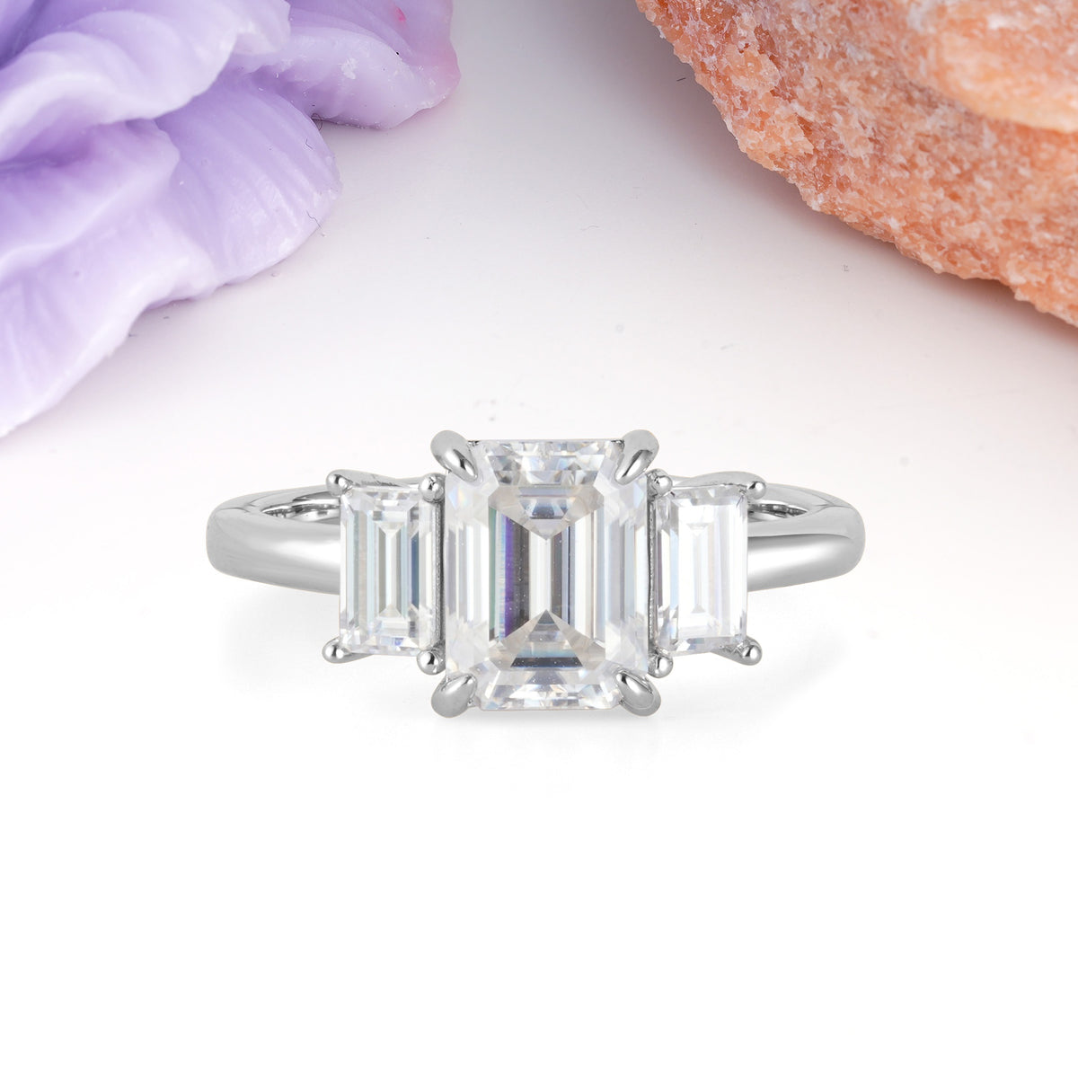 Three‑Stone Emerald Cut Moissanite Prong‑Set Engagement Ring - Additional view