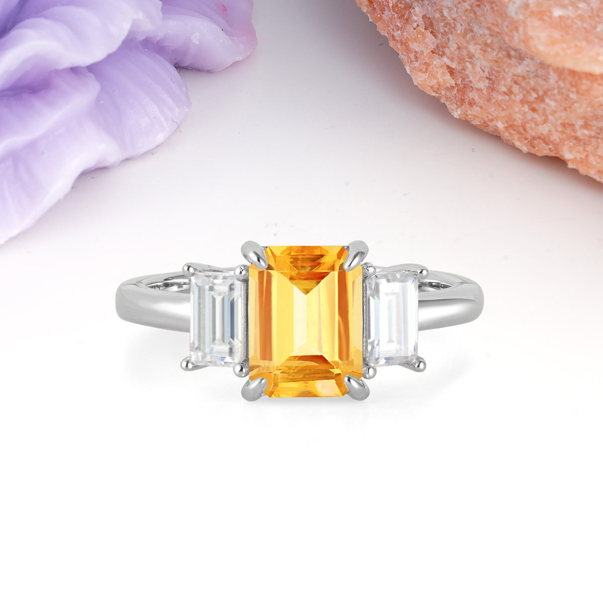 Three‑Stone Emerald Cut Citrine Prong‑Set Engagement Ring - Additional view