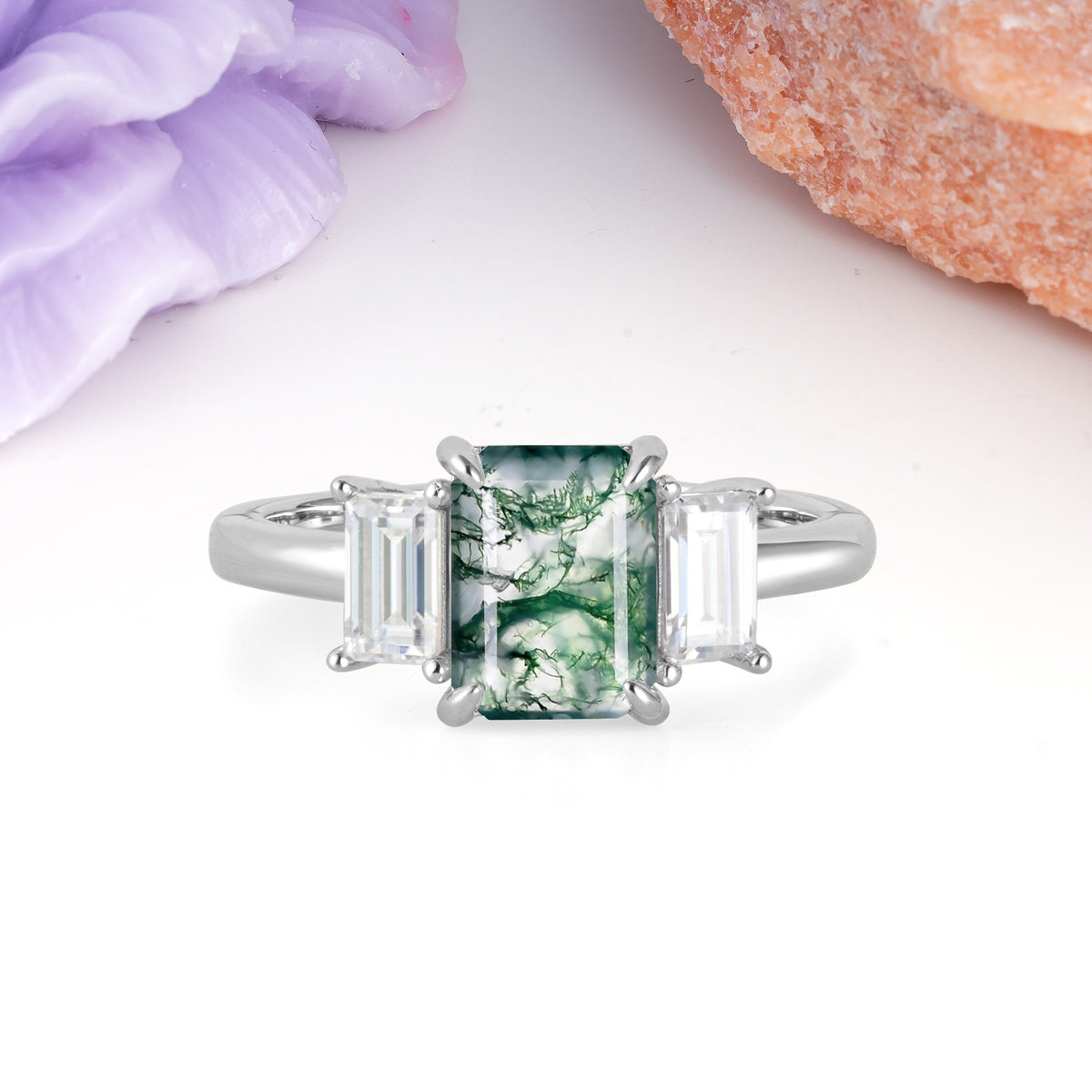 Three‑Stone Emerald Cut Moss Agate Prong‑Set Engagement Ring - Additional view