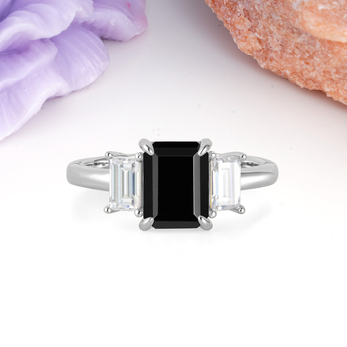 Three‑Stone Emerald Cut Black Onyx Prong‑Set Engagement Ring - Additional view