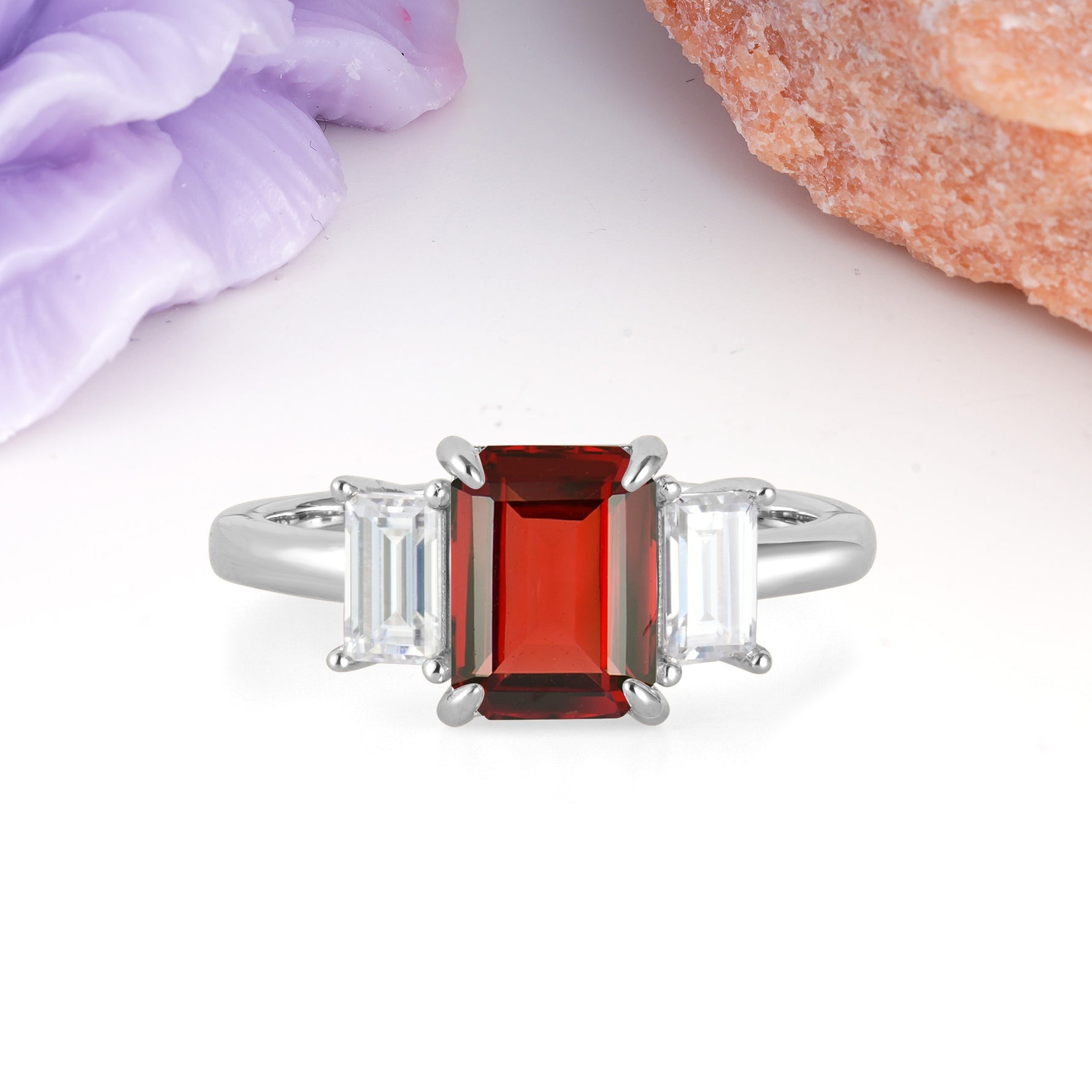 Three‑Stone Emerald Cut Garnet Prong‑Set Engagement Ring - Additional view