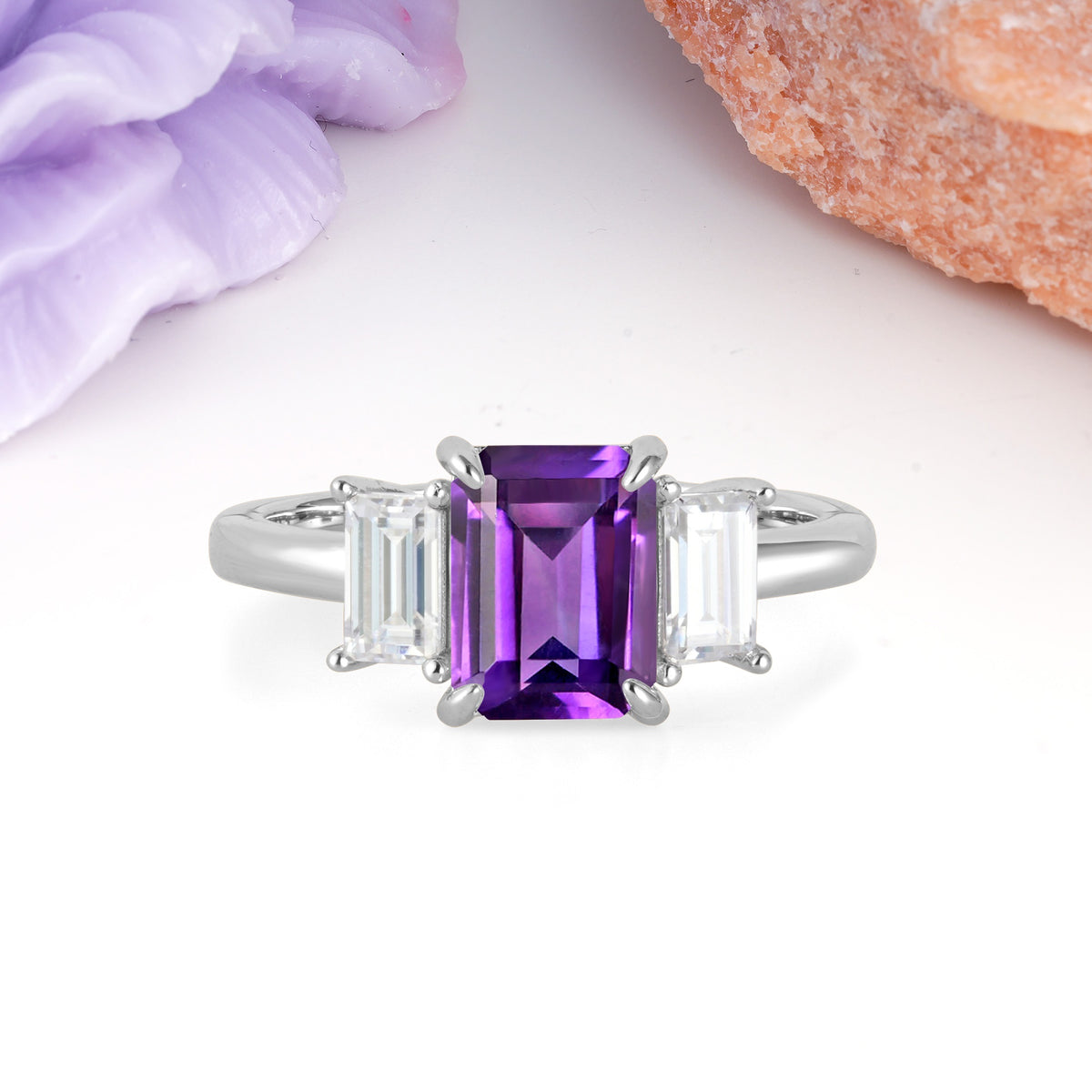 Three‑Stone Emerald Cut Amethyst Prong‑Set Engagement Ring - Additional view