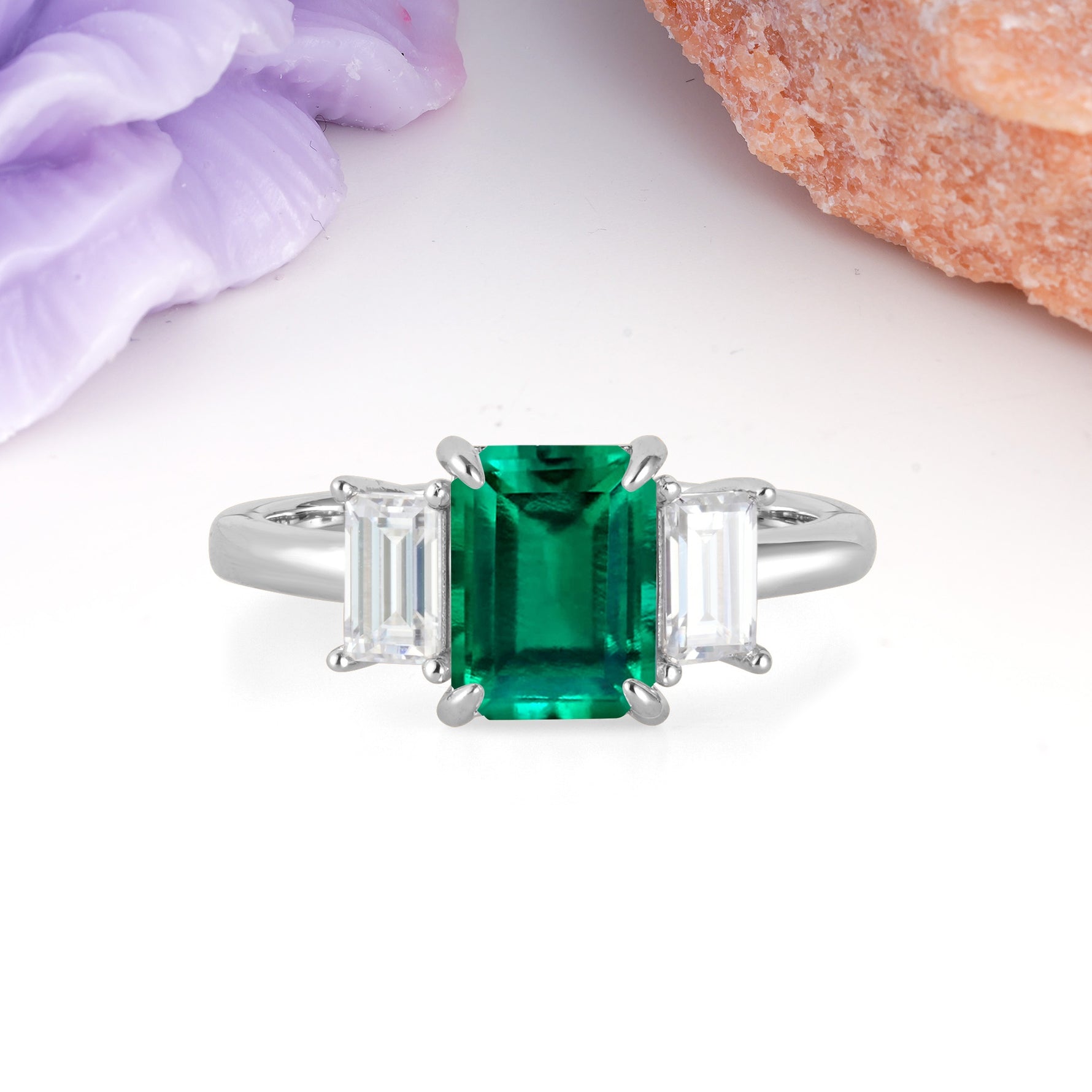 Three‑Stone Emerald Cut Emerald Prong‑Set Engagement Ring - Additional view