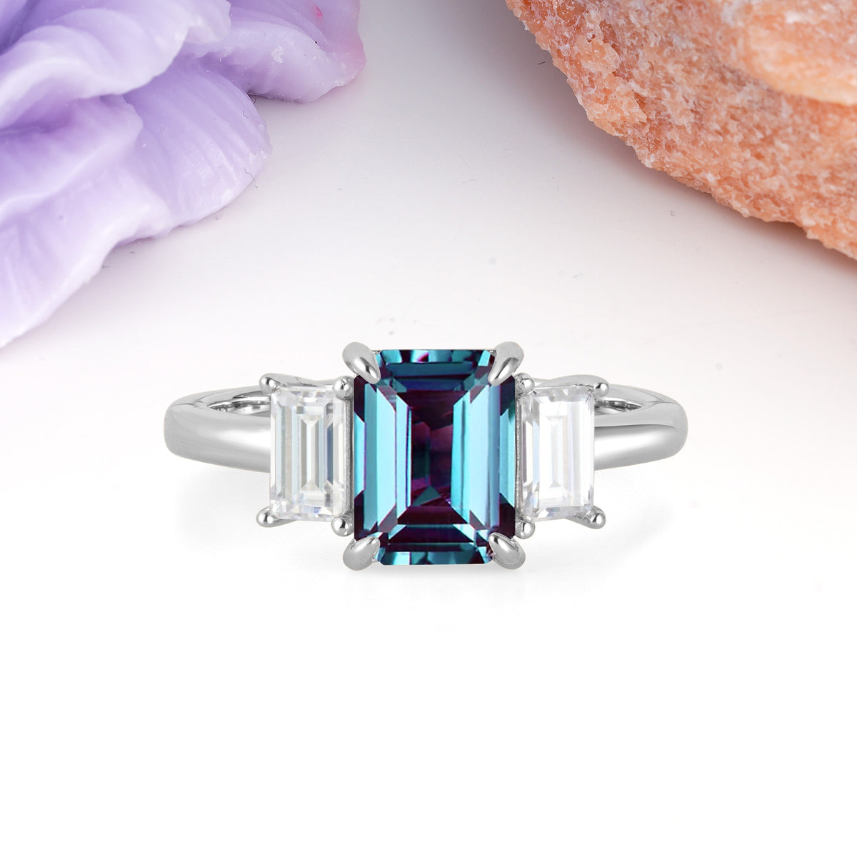 Three‑Stone Emerald Cut Alexandrite Prong‑Set Engagement Ring - Additional view