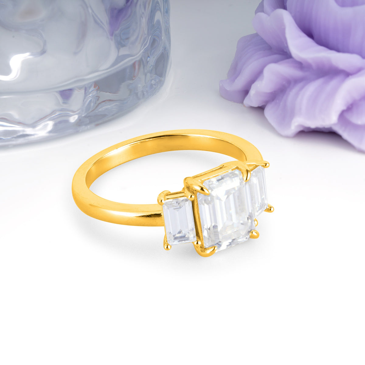 Three‑Stone Emerald Cut Moissanite Prong‑Set Engagement Ring - Additional view