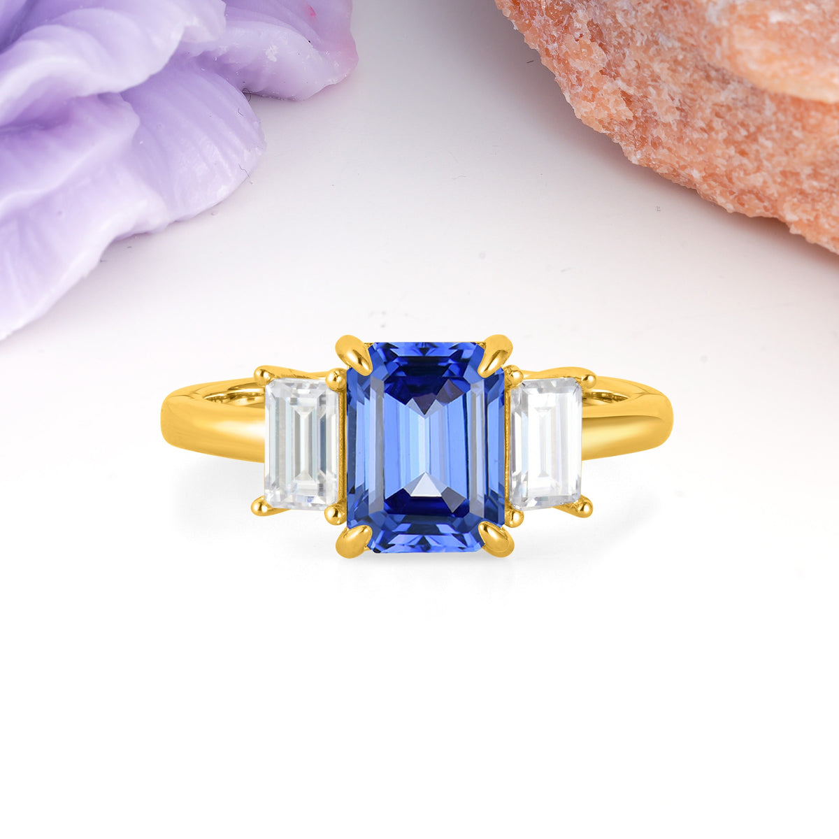 Three‑Stone Emerald Cut Sapphire Prong‑Set Engagement Ring - Additional view