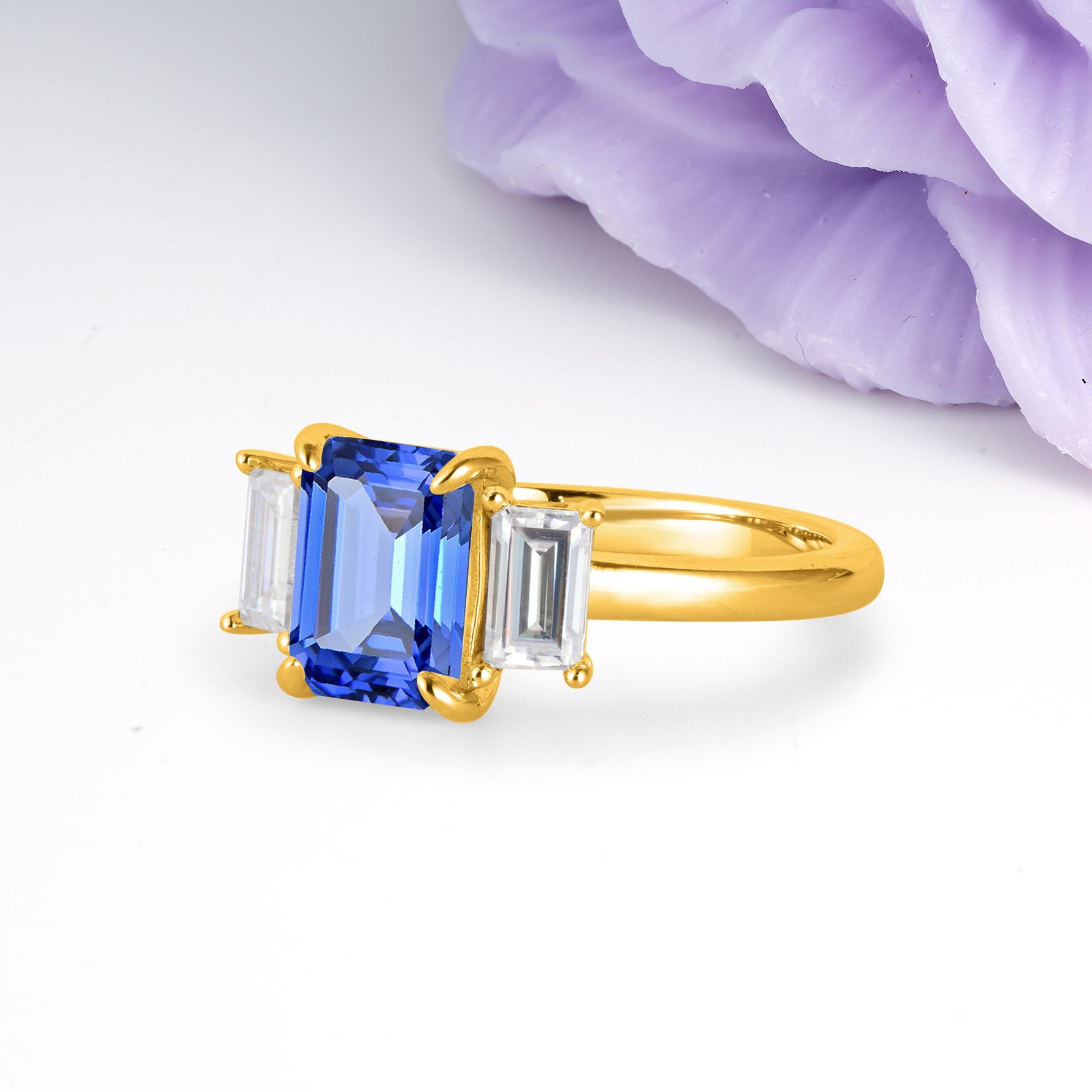 Three‑Stone Emerald Cut Sapphire Prong‑Set Engagement Ring - Additional view