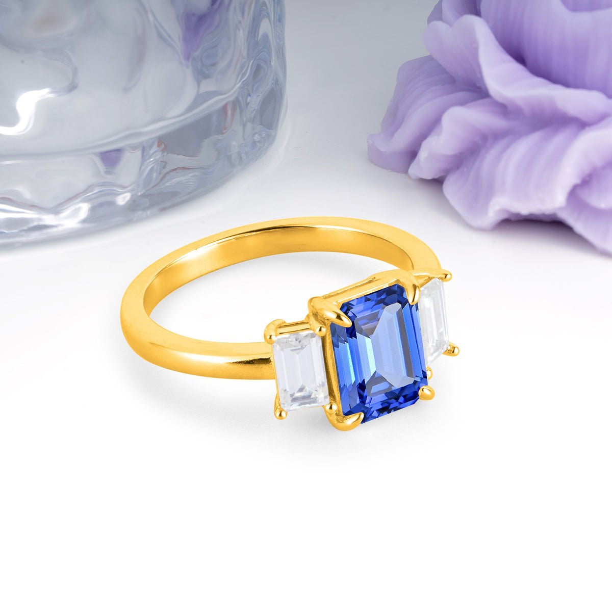 Three‑Stone Emerald Cut Sapphire Prong‑Set Engagement Ring - Additional view