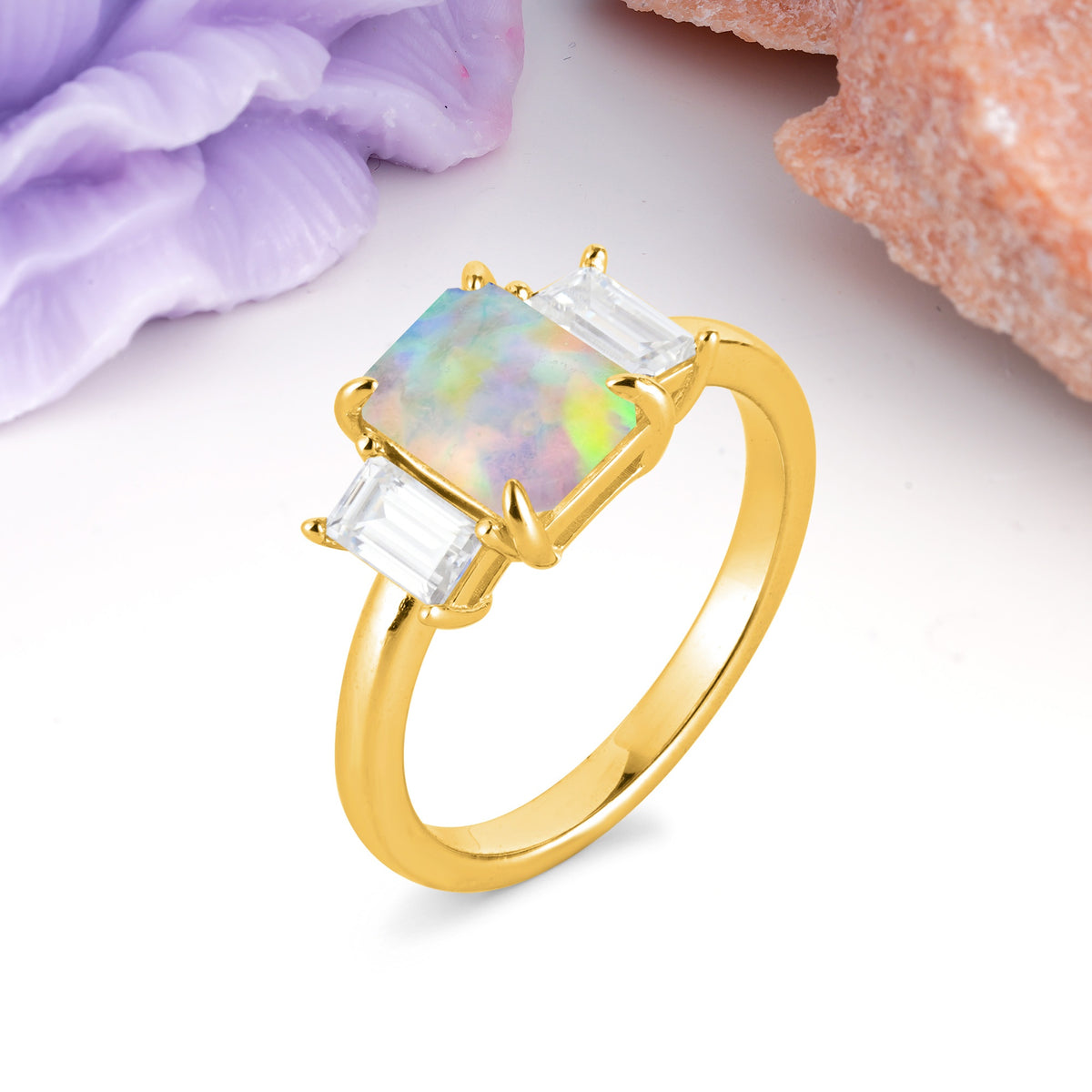 Three‑Stone Emerald Cut Fire Opal Prong‑Set Engagement Ring - Additional view
