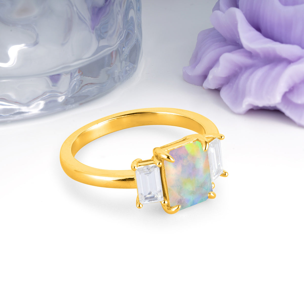 Three‑Stone Emerald Cut Fire Opal Prong‑Set Engagement Ring - Additional view