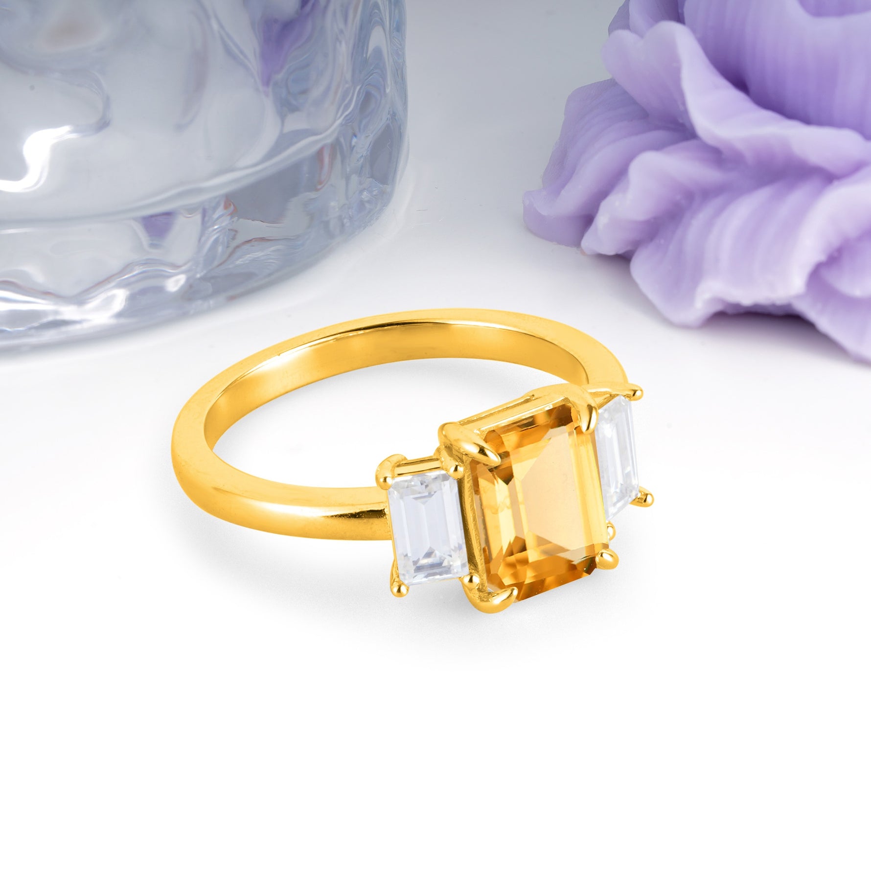 Three‑Stone Emerald Cut Citrine Prong‑Set Engagement Ring - Additional view