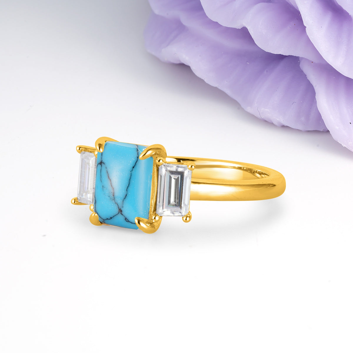 Three‑Stone Emerald Cut Turquoise Prong‑Set Engagement Ring - Additional view