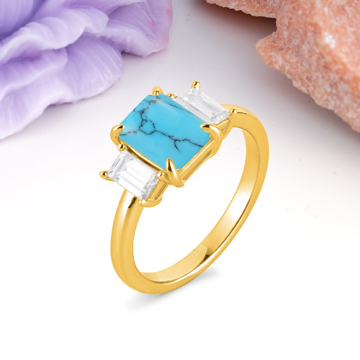 Three‑Stone Emerald Cut Turquoise Prong‑Set Engagement Ring - Additional view