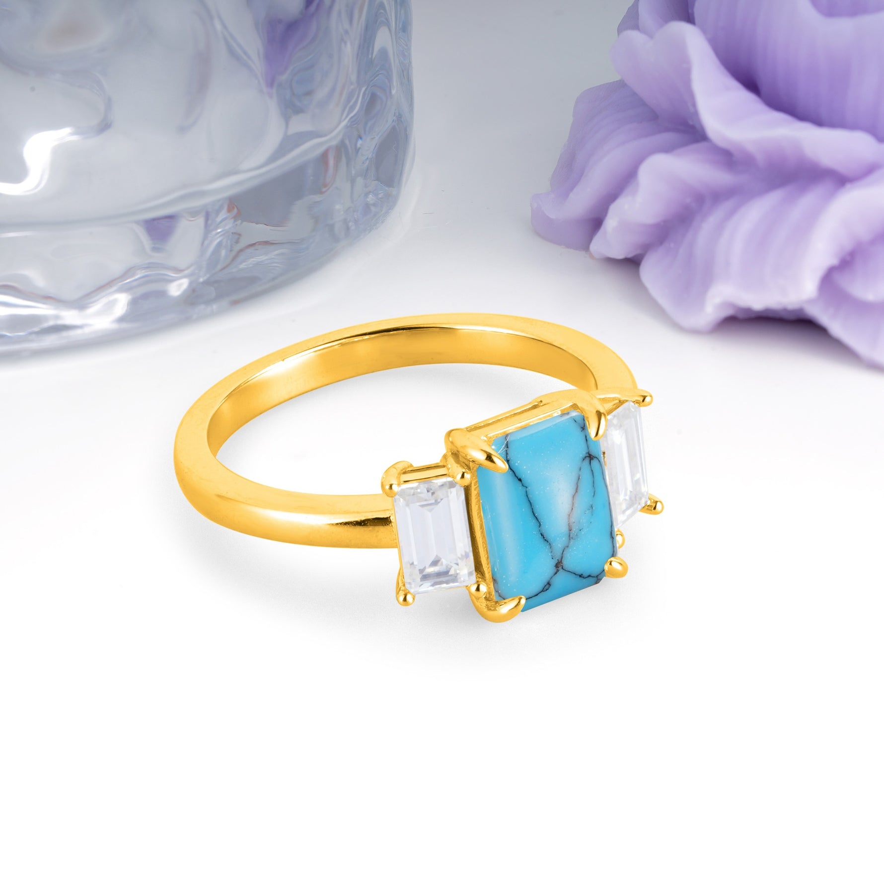 Three‑Stone Emerald Cut Turquoise Prong‑Set Engagement Ring - Additional view