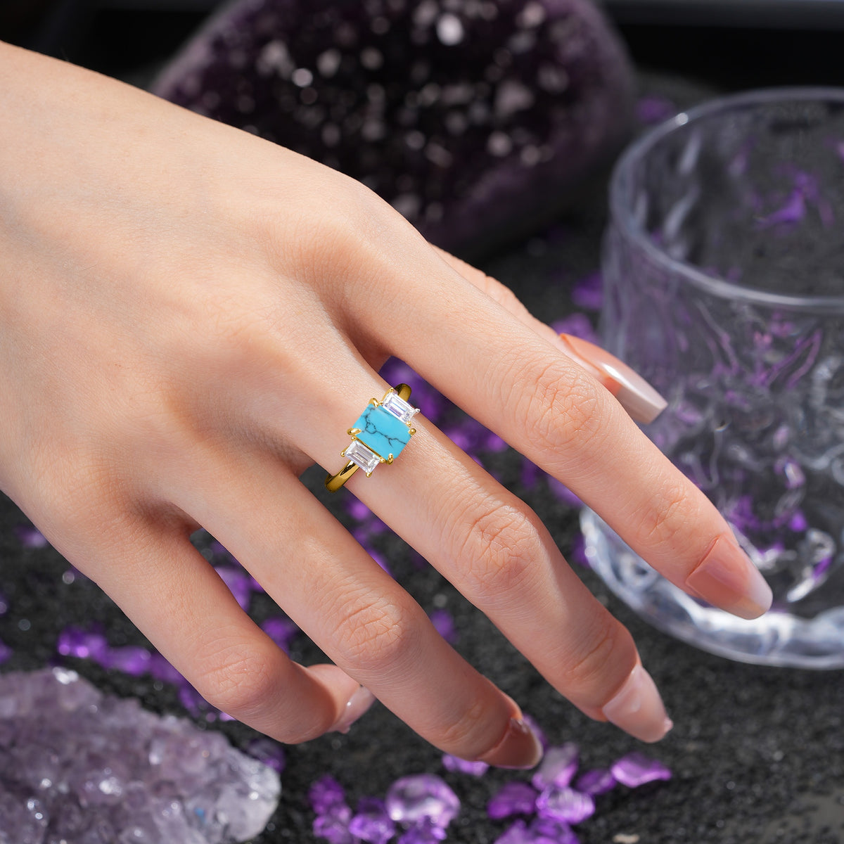 Three‑Stone Emerald Cut Turquoise Prong‑Set Engagement Ring - Additional view