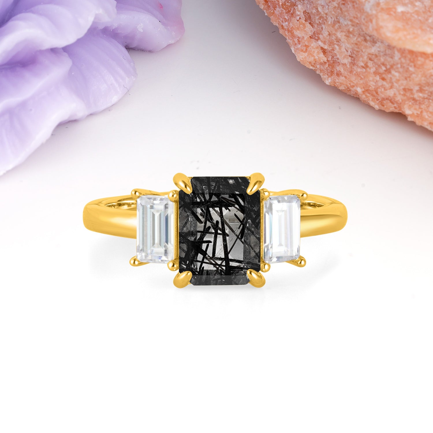 Three‑Stone Emerald Cut Black Rutilated Quartz Prong‑Set Engagement Ring - Additional view