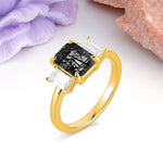 Three‑Stone Emerald Cut Black Rutilated Quartz Prong‑Set Engagement Ring - Additional view